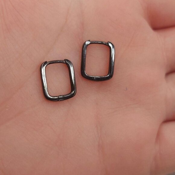 Gunmetal 925 Sterling Silver Rectangle Huggies Earrings - Picture 6 of 10
